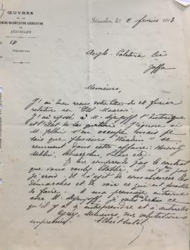 Letter from Albert Antébi to the management committee of the Anglo-Palestine Company, February 2,...