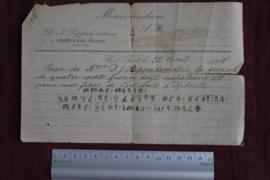 Receipt for 400 Francs (or 20 Napoleon) from M. Pappadémétriou received by Memher Mahtsanta at Po...