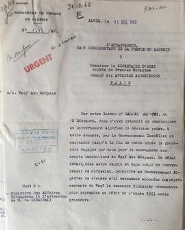 Letter from the French ambassador to Algeria, Jean-Marcel Jeanneney, to the Secretary of State for Algerian Affairs, December 21, 1962
